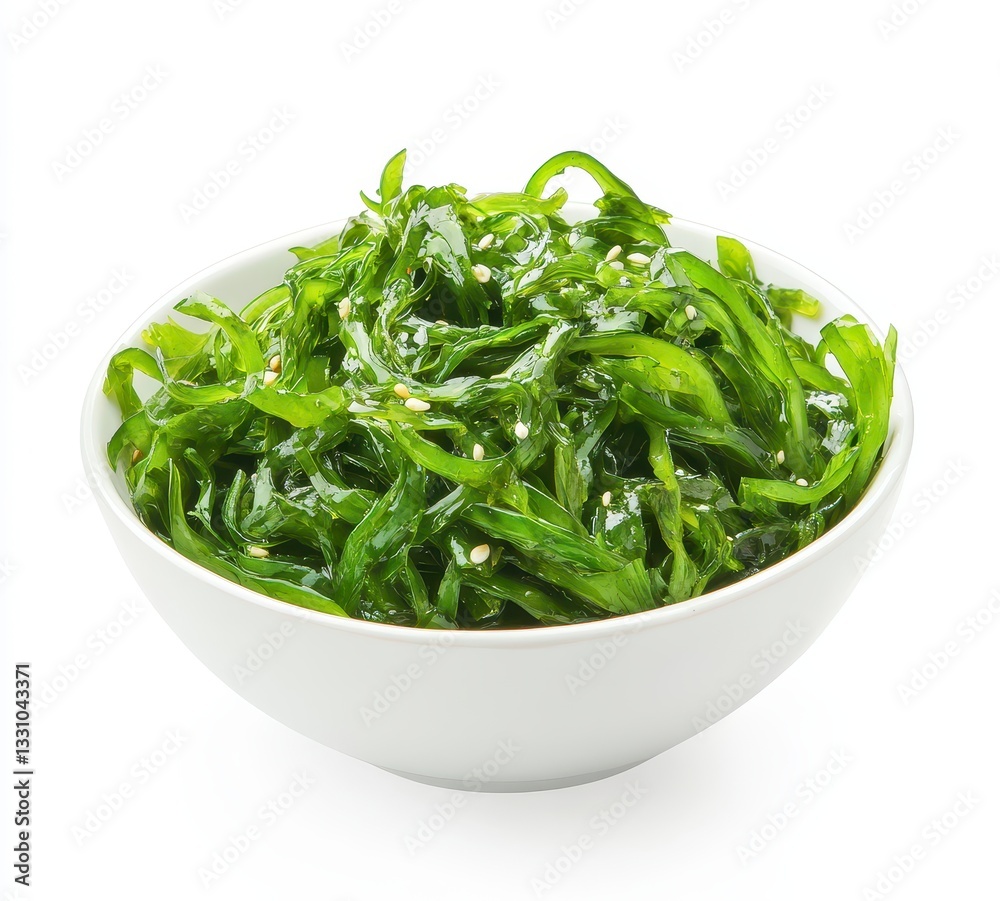 Vibrant Green Seaweed Salad in White Bowl Vibrant Green Seaweed Salad in White Bowl