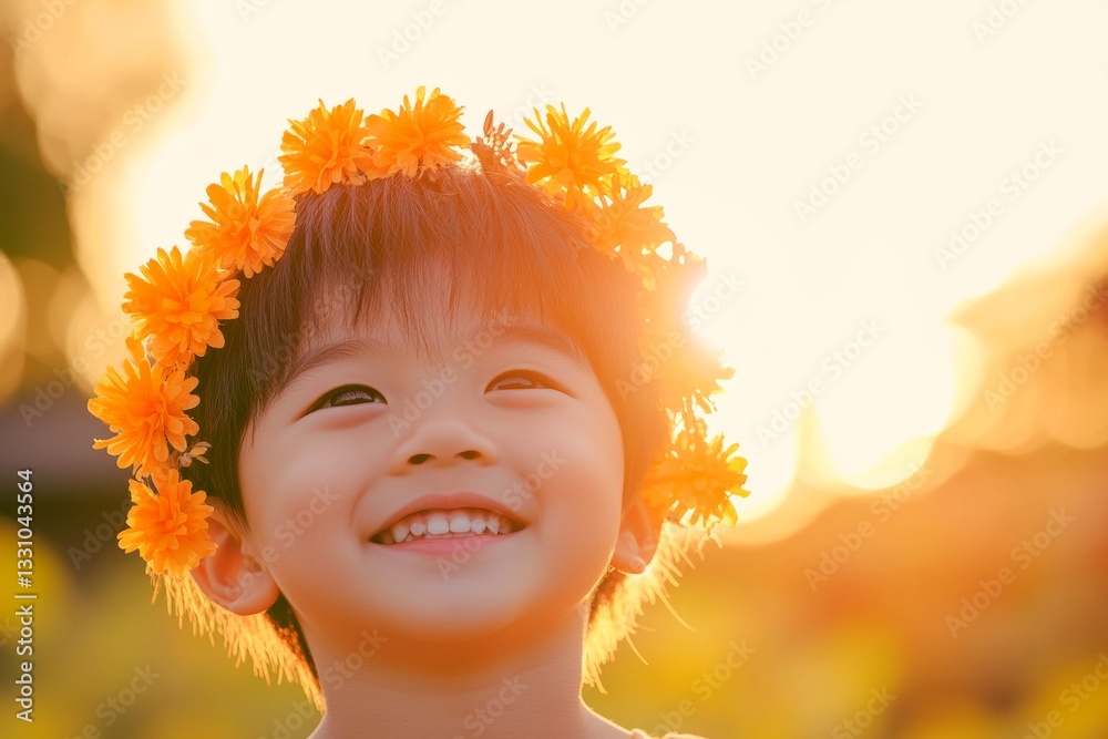 Fototapeta premium Happy holiday season holidays concept art. Golden hour in sunset. Smiling asian child boy with tt hair wearing orange flower circlet on his head. Smiling kid in a natural setting.