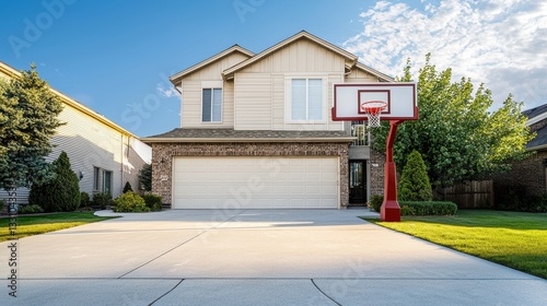 Modern Home Exterior with Basketball Hoop and Well-Maintained Lawn