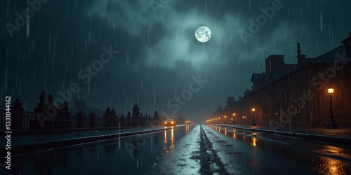 Night view of the city with downpour. Night view of city road with lanterns in rainy weather. Spring pouring rain and bright moon peeking out from behind clouds.
