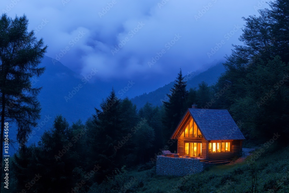 Fototapeta premium Warm Cabin Lights in Misty Mountain Forest at Dusk