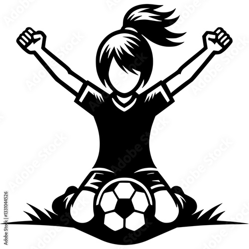 Sport emblem of girl soccer player raised her hands up, rejoicing at goal she scored in monochrome. Engraving minimalistic vector in black ink drawing on transparent background