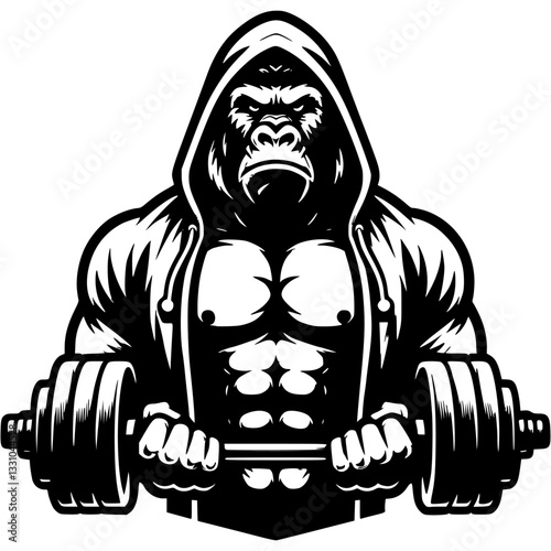 Tattoo of Gorilla pumps biceps with short barbell in the gym in monochrome. Hard training. Engraving minimalistic vector in black ink drawing on transparent background