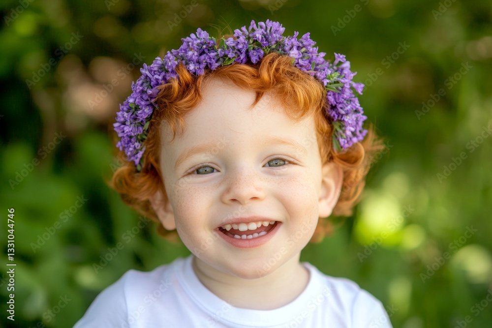 Happy caucasian toddler boy with red hair wearing purple flower crown on his head. Sunny daylight. Happy warm season holidays visual idea. Child’s peaceful summer happiness. Happy caucasian toddler boy with red hair wearing purple flower crown on his head. Sunny daylight. Happy warm season holidays visual idea. Child’s peaceful summer happiness.