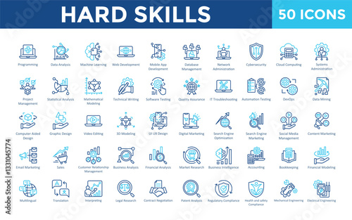 Hard Skills icon set with programming, data analysis, machine learning, web, mobile app, database management, network administration, cybersecurity, cloud computing icon. Simple outline color vector 
