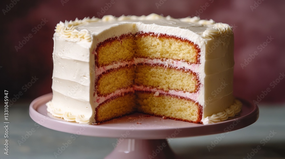 A perfectly baked cake with one slice removed, showing the texture and color of the cake layers and icing A perfectly baked cake with one slice removed, showing the texture and color of the cake layers and icing