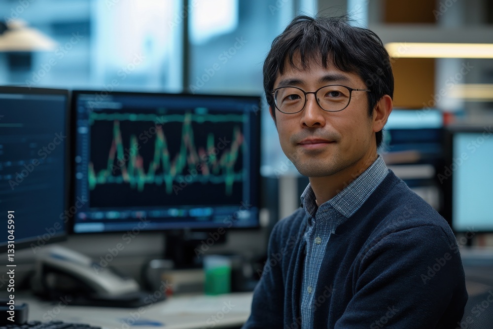 Fototapeta premium Professional Asian Man in Office Setting with Financial Charts on Computer Screens