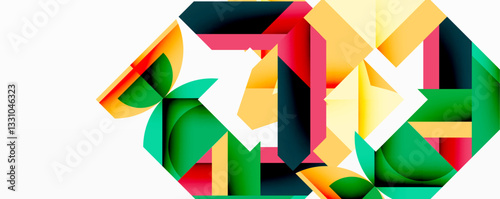 Abstract geometric artwork with interwoven angular and curved shapes, dynamic composition with smooth gradients and bold contrasts