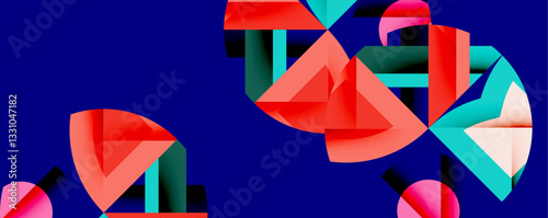 Abstract geometric artwork with interwoven angular and curved shapes, dynamic composition with smooth gradients and bold contrasts