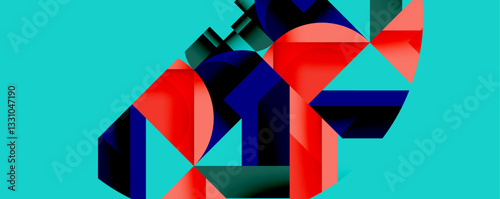 Abstract geometric artwork with interwoven angular and curved shapes, dynamic composition with smooth gradients and bold contrasts