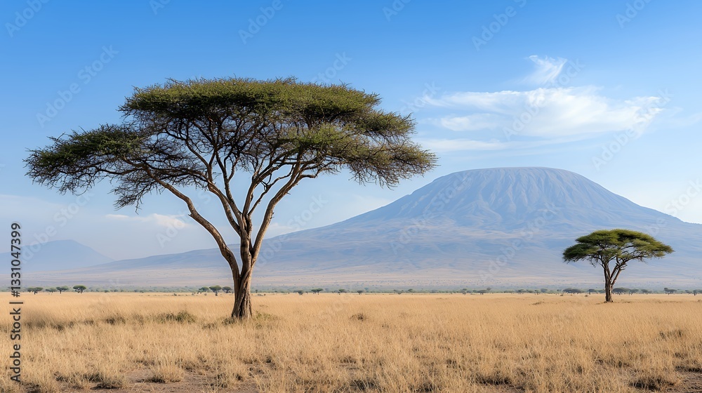 Obraz premium Serene Savanna Landscape with Acacia Trees and Mountain