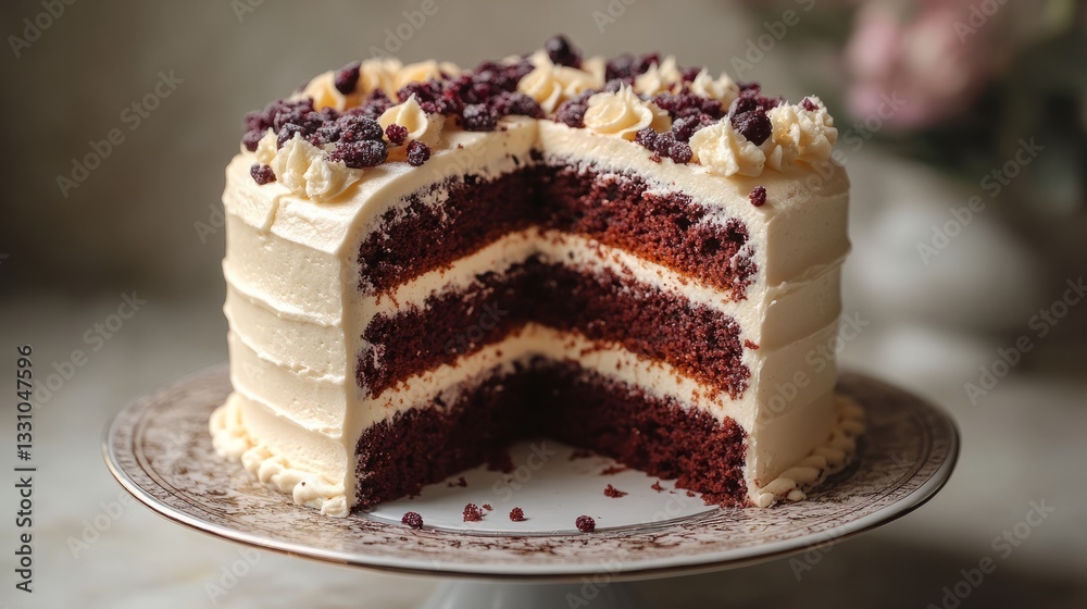 A rich, realistic looking cake with a slice missing, the icing and cake layers visible in the cut area A rich, realistic looking cake with a slice missing, the icing and cake layers visible in the cut area