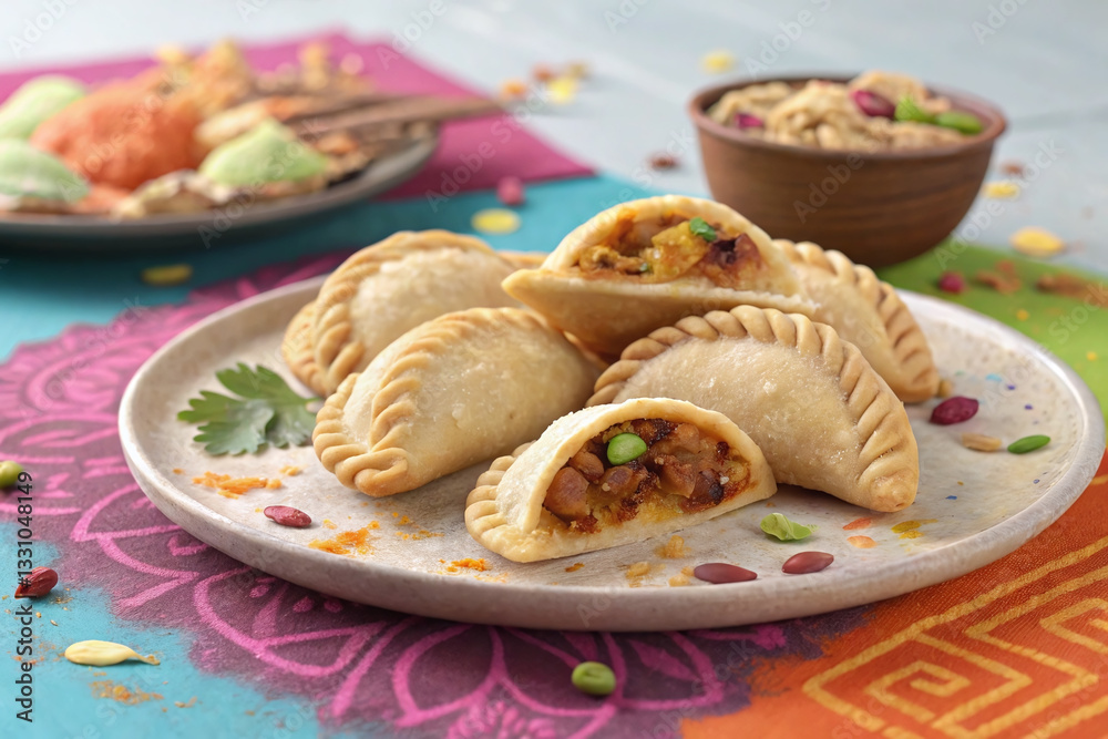 Delicious gujiya, sweet dumpling filled with nuts and dried fruits, served on colorful plate. Perfect for festive celebrations and gatherings Delicious gujiya, sweet dumpling filled with nuts and dried fruits, served on colorful plate. Perfect for festive celebrations and gatherings
