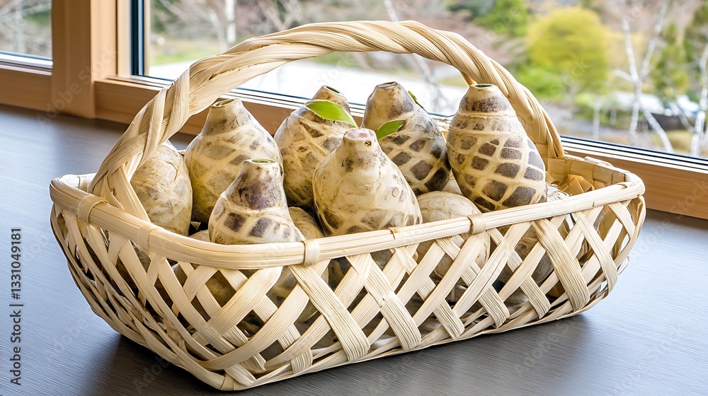 Fototapeta premium Rustic Woven Basket Filled with Organic Light Brown Vegetables near Window