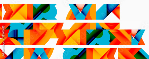 Abstract geometric artwork with interwoven angular and curved shapes, dynamic composition with smooth gradients and bold contrasts