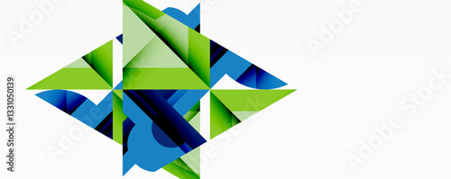Abstract geometric artwork with interwoven angular and curved shapes, dynamic composition with smooth gradients and bold contrasts