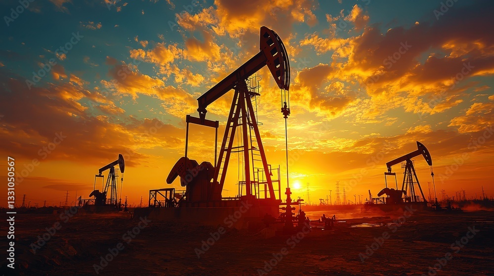 Expansive oil field at sunset with towering pump jacks extracting crude oil from the earth dramatic sky with golden hues industrial landscape Expansive oil field at sunset with towering pump jacks extracting crude oil from the earth dramatic sky with golden hues industrial landscape