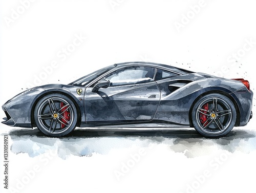 Detailed Side View of a Modern Sports Car in Watercolor Style, Featuring Sleek Design and Vibrant Colors