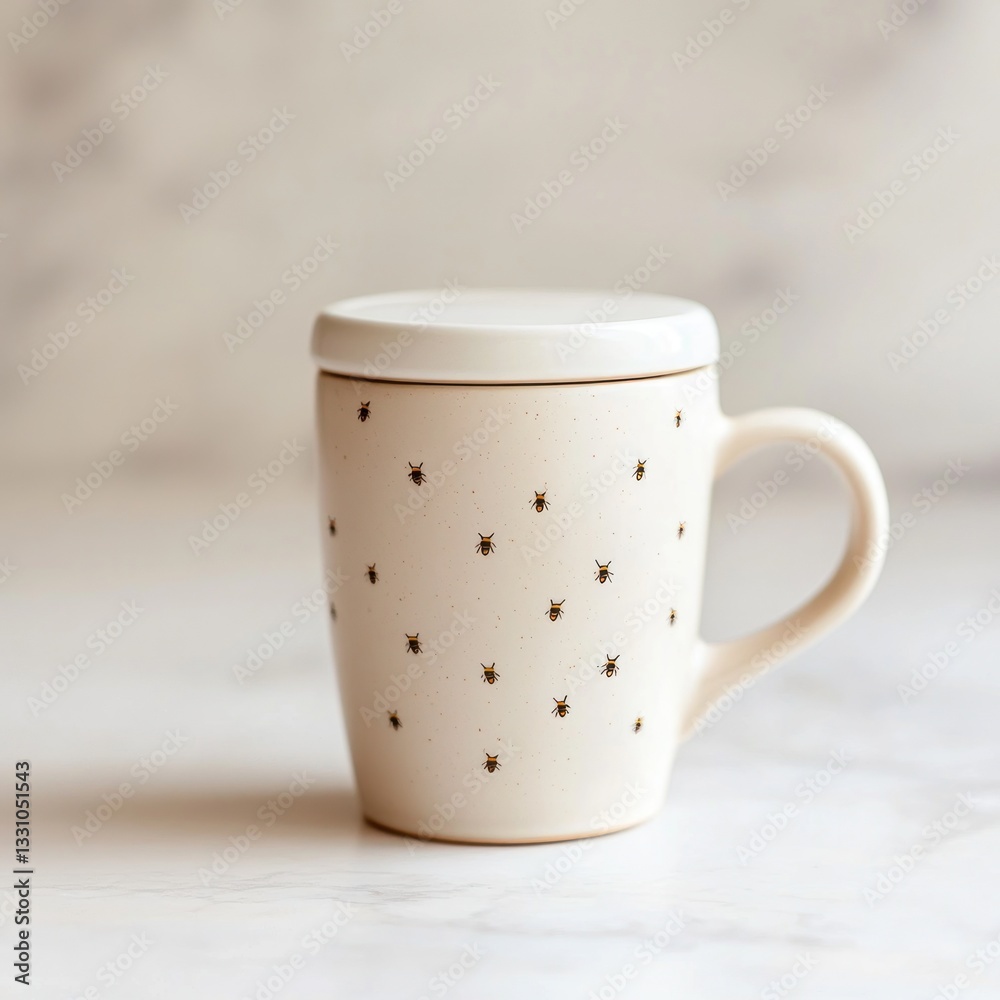 Obraz premium Small, cream-colored mug with a lid, featuring a subtle bee print design