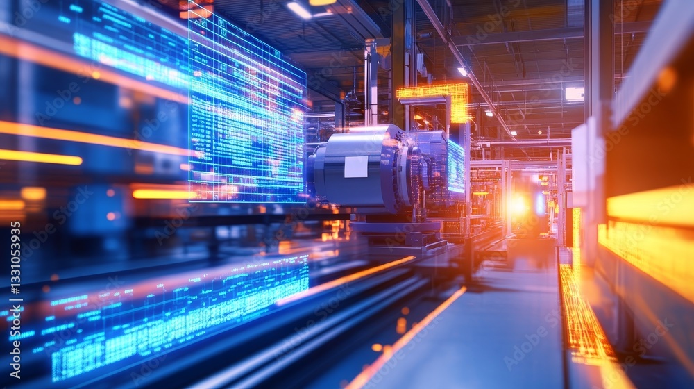 Fototapeta premium High-tech industrial setting with machinery and digital data flow in a modern factory environment