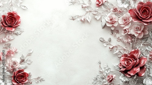 An elegant bridal-themed background with an open space for text. The design features delicate, artistic red flowers in shades of silver and antique pink, arranged in a sophisticated and harmonious man