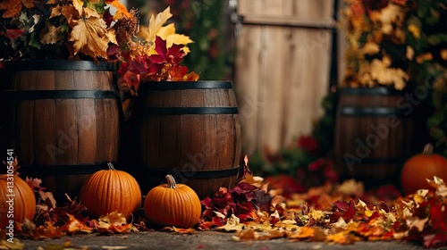 Thanksgiving fall autumn background or backdrop for photos with pumpkins, barrels, and colorful leaves