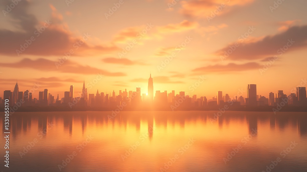City skyline at sunset reflecting on water, showcasing vibrant colors and silhouettes of buildings. City skyline at sunset reflecting on water, showcasing vibrant colors and silhouettes of buildings.