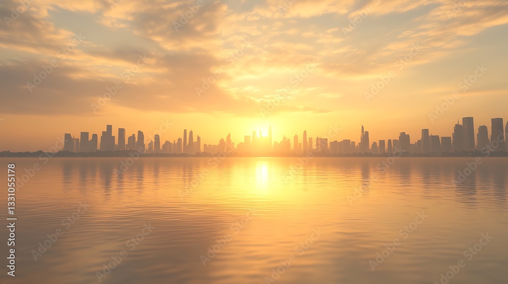 City skyline at sunset reflecting on water, creating a serene and vibrant atmosphere. City skyline at sunset reflecting on water, creating a serene and vibrant atmosphere.