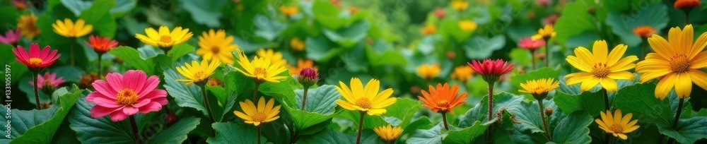 A cascade of wildflowers spilling over a cassava leaf patch, nature, garden A cascade of wildflowers spilling over a cassava leaf patch, nature, garden