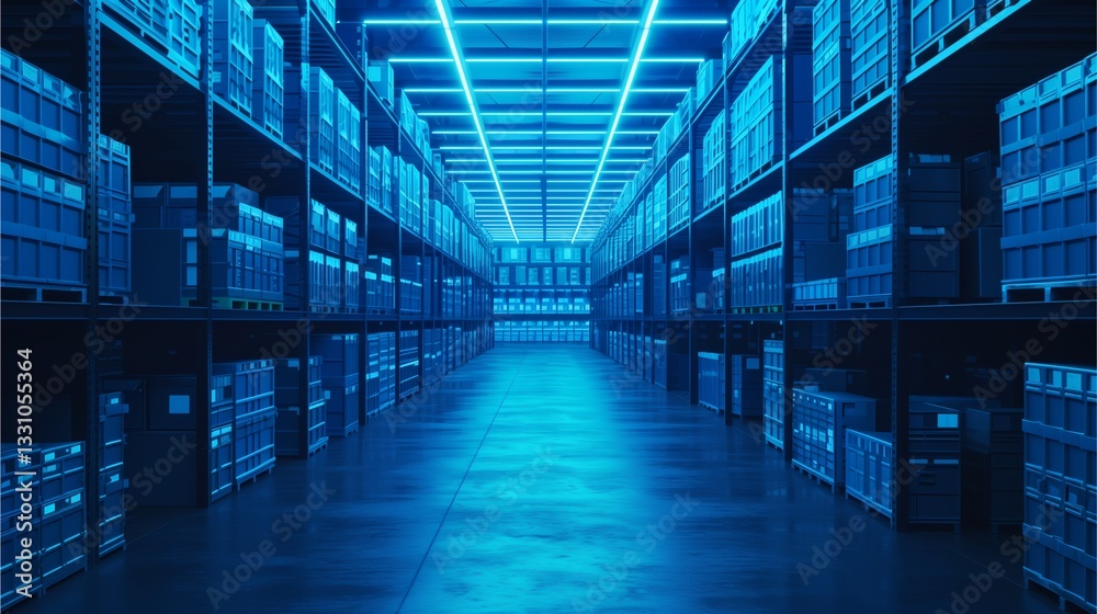 a warehouse with countless boxes arranged on shelves, illuminated by blue lighting a warehouse with countless boxes arranged on shelves, illuminated by blue lighting
