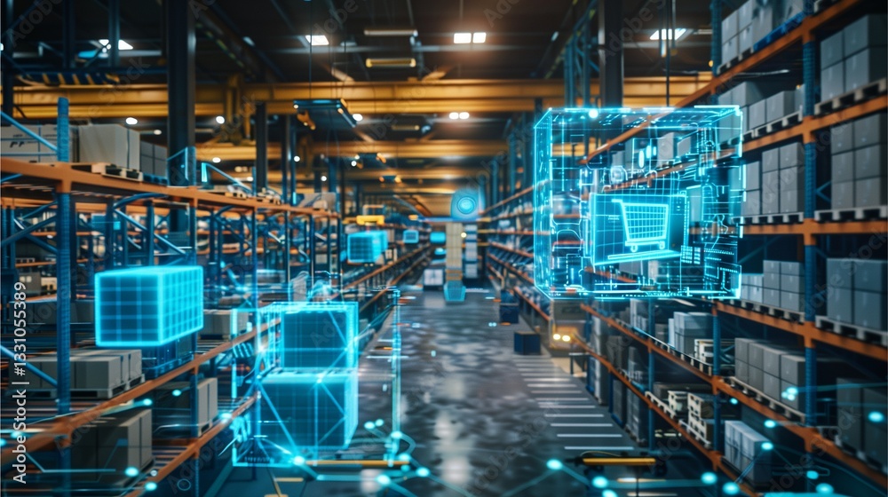 Fototapeta premium digitized warehouse with technology interface overlays, showcasing inventory management and logistics