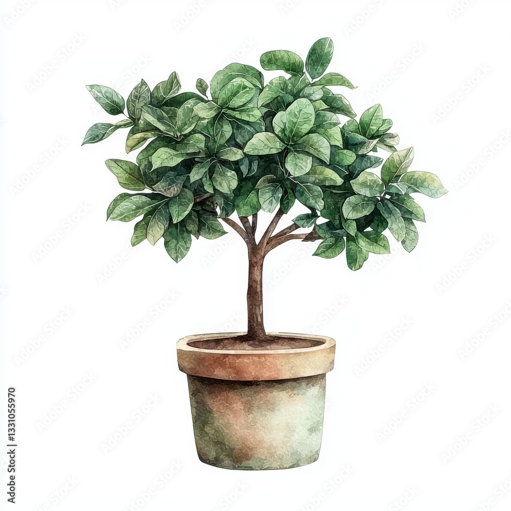 Obraz premium Lush Green Potted Tree with Vibrant Leaves in Watercolor Style on White Background