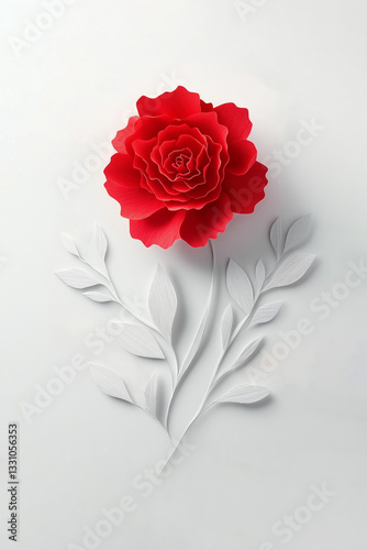Paper Red Carnation flower blossom on white background isolated