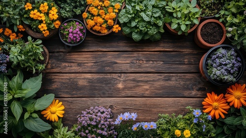 Blooming Garden Border: A captivating collection of vibrant flowers and flourishing greenery, artfully arranged around a rustic wooden frame, offering a delightful glimpse of nature's beauty.