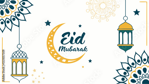 Eid Mubarak Celebration Festive Background Design with Lanterns and Mandala Patterns