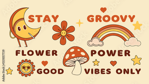 Groovy 70s Retro Flower Power Illustration Stay Positive Vibes Only