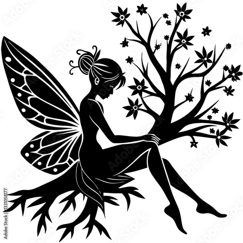 fairy resting on a tree silhouette