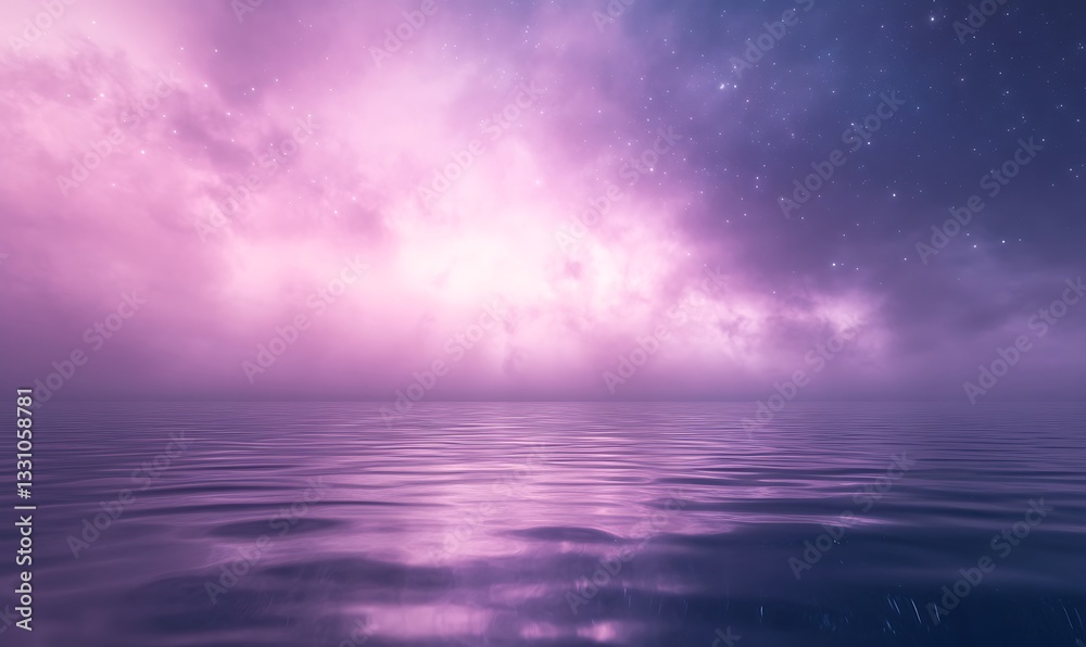 Serene ocean view under a dreamy pink and purple sky with stars twinkling above.