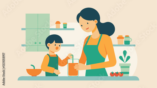Happy Mother's Day! A heartwarming flat illustration of a loving mother and her child joyfully preparing a vibrant, healthy green smoothie together. Perfect for Mother's Day cards,