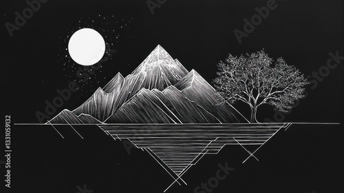 Mountain landscape under moonlight, minimalist design