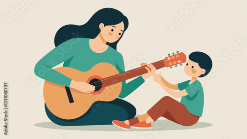 Happy Mother's Day! Mom serenades her child with a heartwarming acoustic guitar performance. A joyful flat illustration perfect for cards, banners, and social media celebrating    