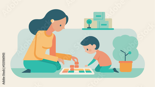 Mother's Day: A heartwarming flat illustration of a mother patiently teaching her child how to play a trendy, modern board game. Perfect for Mother's Day cards, blogs, websites,   