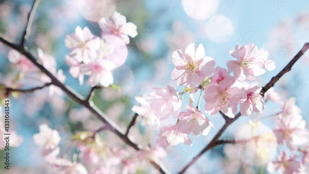 春 風に揺れるピンクの桜の花 照り付ける太陽の日差しを受けてキラキラ輝く花びら 淡い色・レンズフレアと丸ボケ 季節・入学・入社・新生活の背景 春 風に揺れるピンクの桜の花 照り付ける太陽の日差しを受けてキラキラ輝く花びら 淡い色・レンズフレアと丸ボケ 季節・入学・入社・新生活の背景
