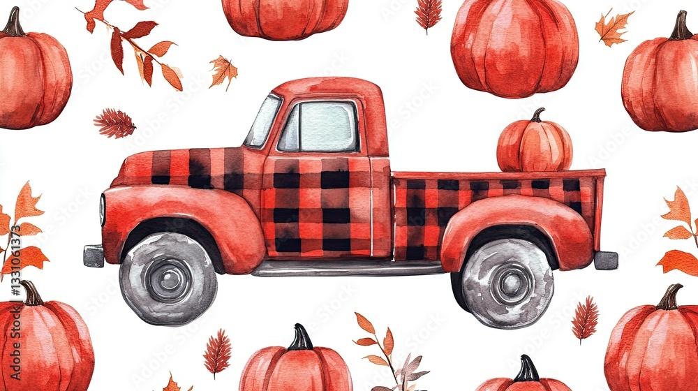 Watercolor fall-themed seamless pattern with red plaid truck and pumpkins Watercolor fall-themed seamless pattern with red plaid truck and pumpkins