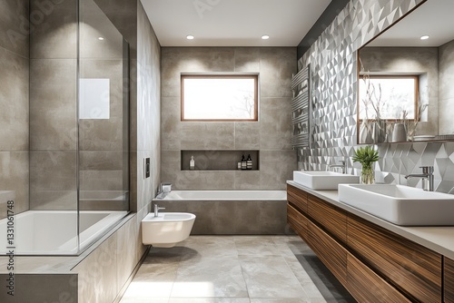 A 3D-rendered modern bathroom with floating vanities, geometric wall tiles, and high-end chrome fixtures.