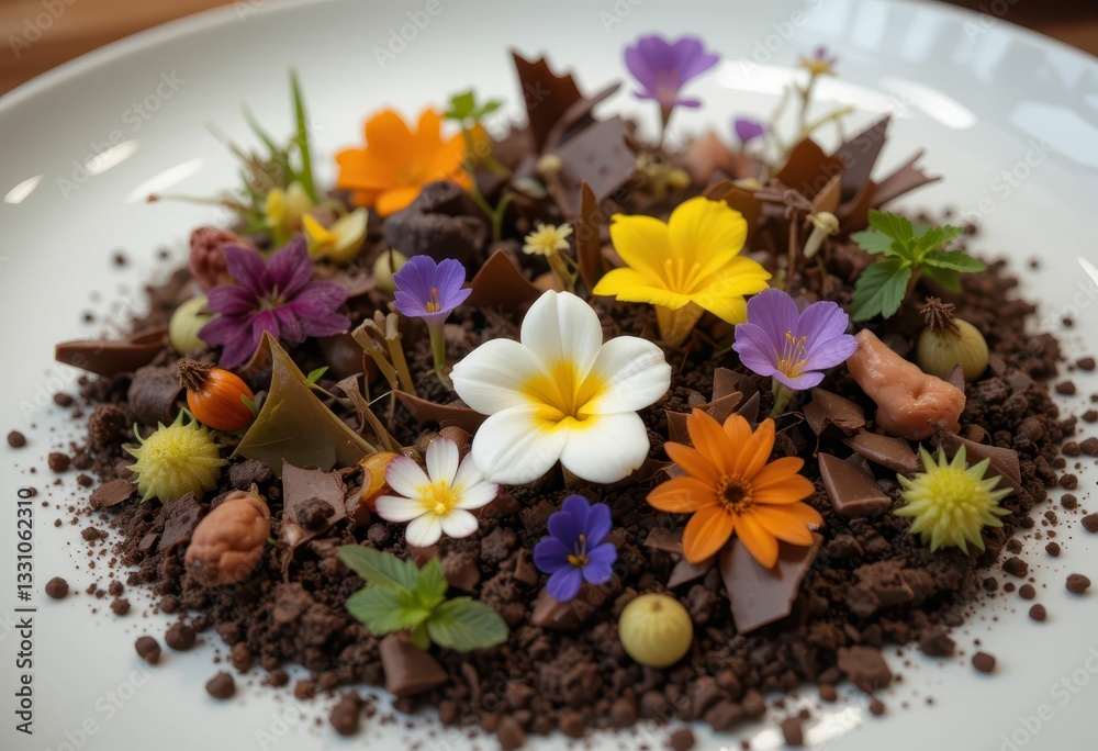 Artistic Dessert Display with Flowers and Chocolate Garnish Artistic Dessert Display with Flowers and Chocolate Garnish