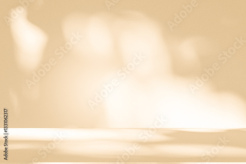 Wall interior background, studio and backdrops show products. with leaf shadow from window color beige and white. background for text insertion and presentation of product	