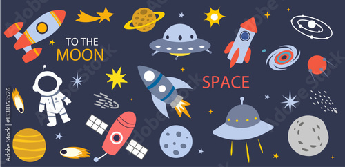 cute outer space set cosmic bundle doodle spaceship planet collection naive stellar sticker illustration design clipart