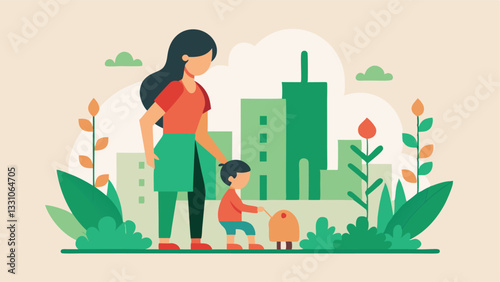 Eco-Friendly Mother's Day: A Mom and Child's Green Urban Adventure. Celebrate sustainable living and family bonds with this heartwarming illustration. Perfect for Mother's Day     