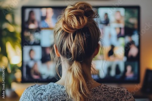 A backview of a Caucasian woman engaging in an online networking event with industry professionals.